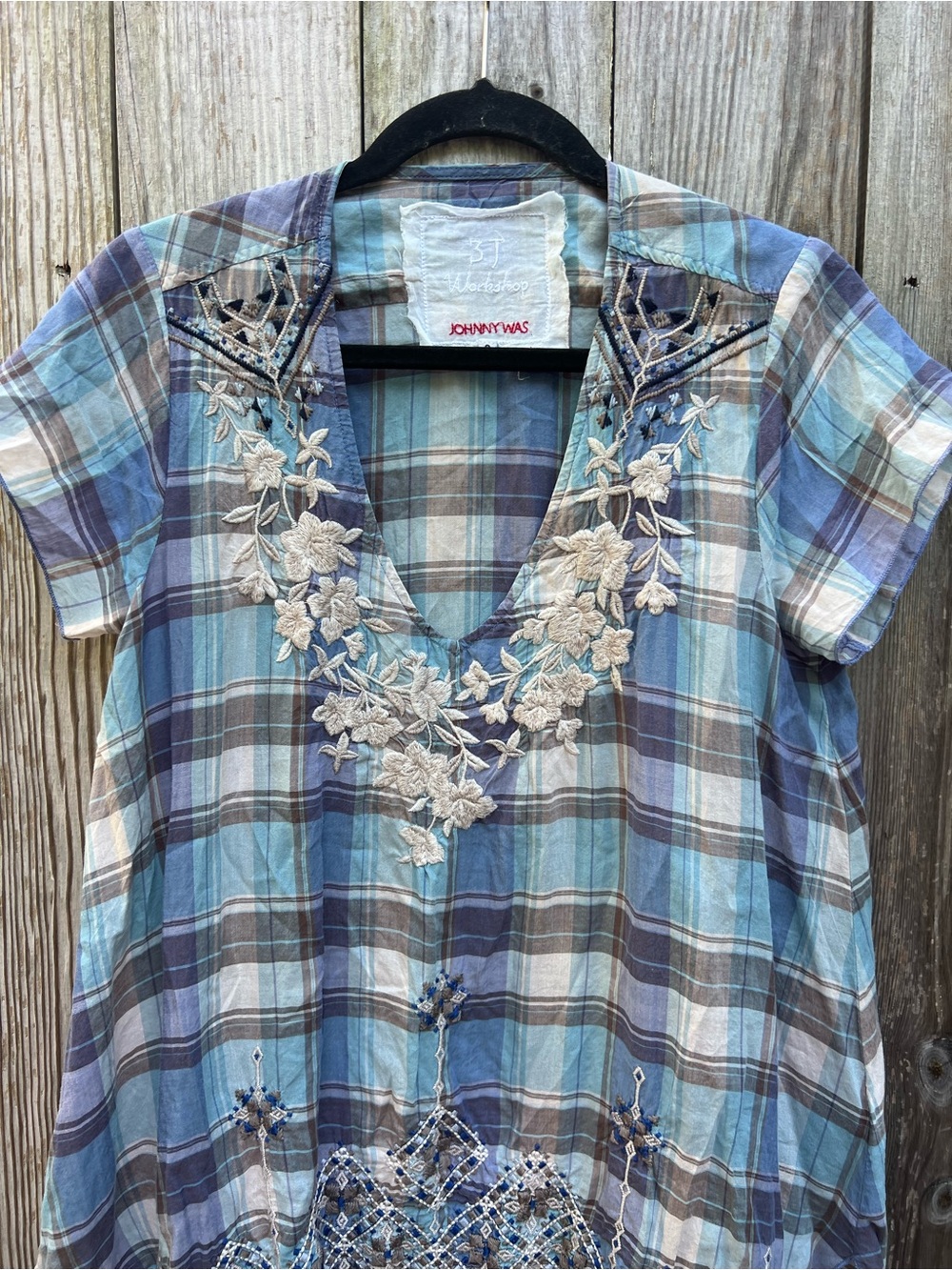 JOHNNY WAS Purple Blue Plaid Embroidered Boho SS Women’s Small Top - Picture 3 of 11
